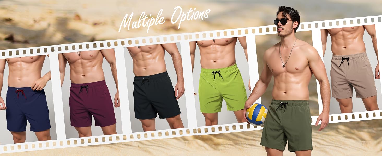 Multiple men's swim shorts in various colors displayed on a beach backdrop. Styles include navy, purple, black, lime green, and olive green, showcasing different fits and lengths.