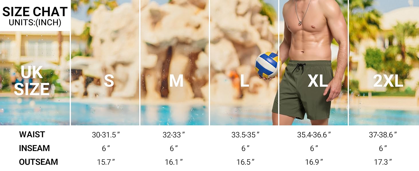 Size chart for men's swimwear showing UK sizes S to 2XL, with corresponding waist, inseam, and outseam measurements in inches. Chart includes image of man wearing green swim shorts.
