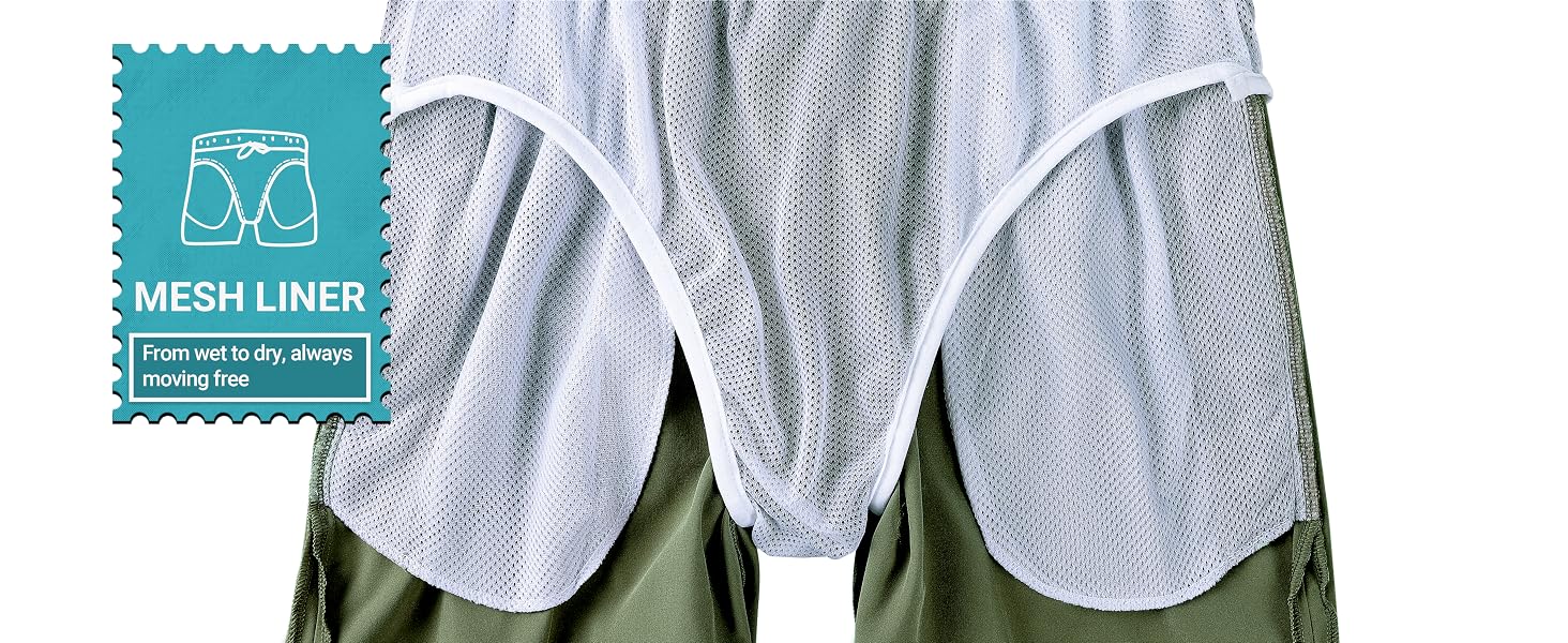 White mesh underwear liner with a split front design, shown partially over green shorts. Label indicates it's a breathable mesh liner for comfortable wear.