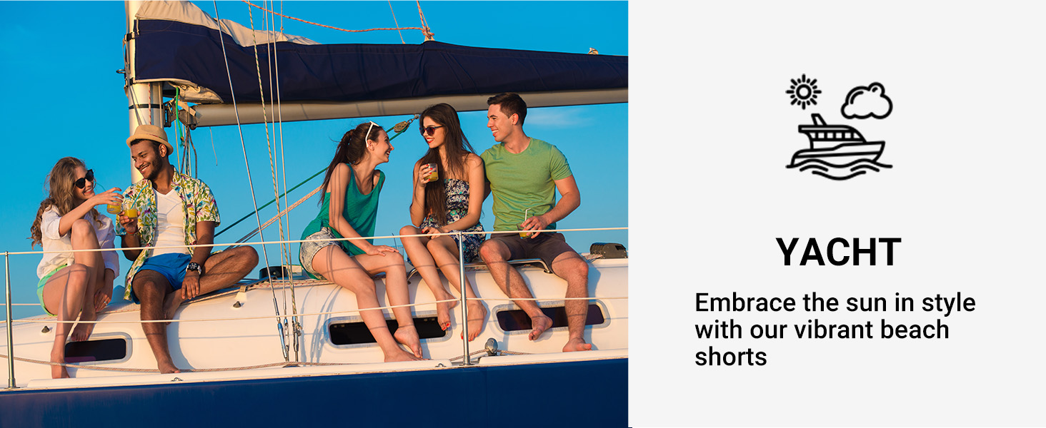 Luxury yacht with people in beach attire sitting on deck. Sailboat has dark blue canopy. Icon shows boat with sun and cloud.