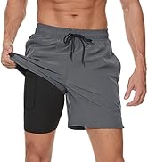 Athletic shorts product display showing gray drawstring shorts from multiple angles, featuring elastic waistband and side pockets.