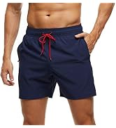 Navy blue swim shorts with red drawstring waistband, featuring quick-dry fabric and mesh lining.