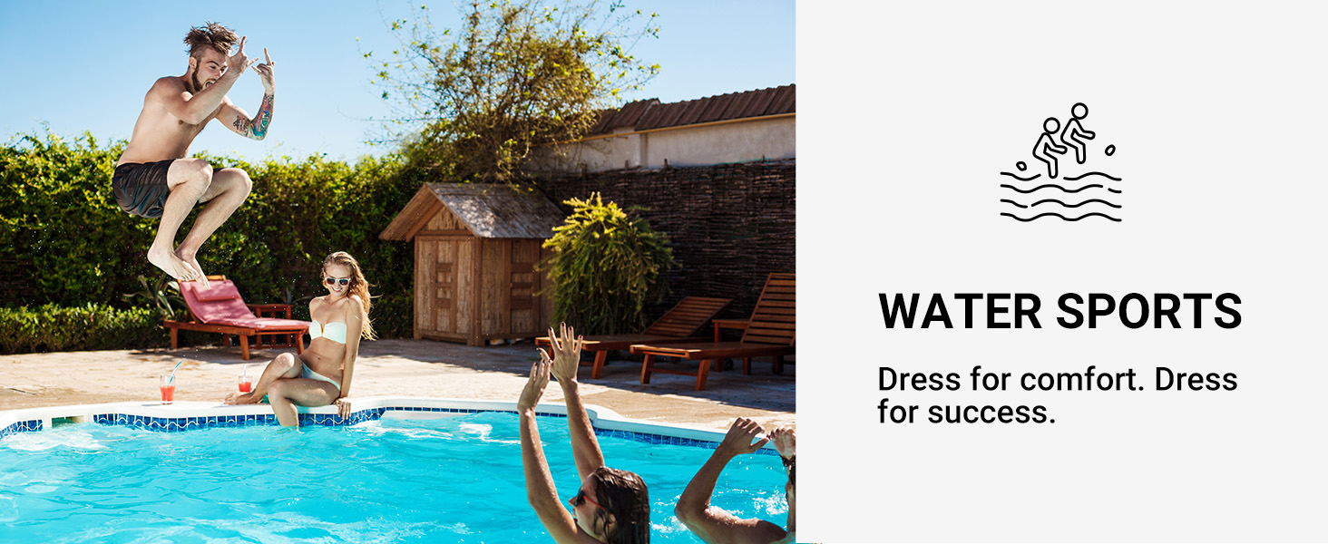 A backyard swimming pool scene with people enjoying water activities. One person jumps into the pool while others are in and around the water. Text reads 'WATER SPORTS Dress for comfort. Dress for success.'