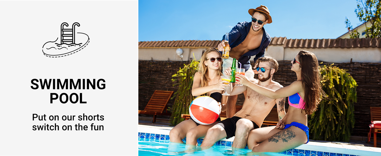 People enjoying a swimming pool on a sunny day. Group sits at pool edge with colorful inflatable beach ball and drinks, wearing swimwear and sunglasses.